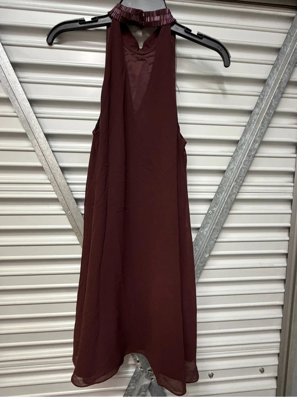 Marciano Burgundy Fringe Halter Mini Dress